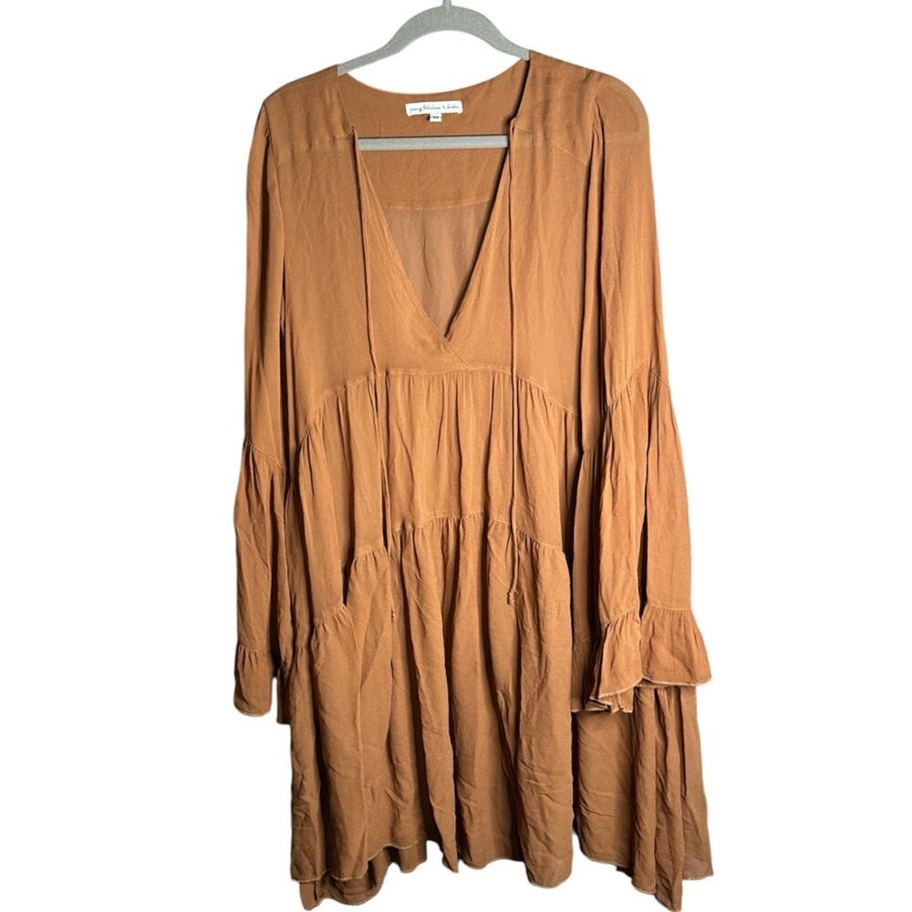 Young Fabulous & Broke Brown Sheer Tiered Ruffle Dress Flared Sleeves M